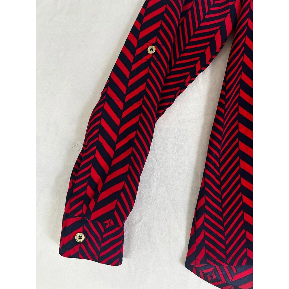 Michael Michael Kors Red Navy‎ Chevron Half Zip Roll Tab Sleeve Blouse Small